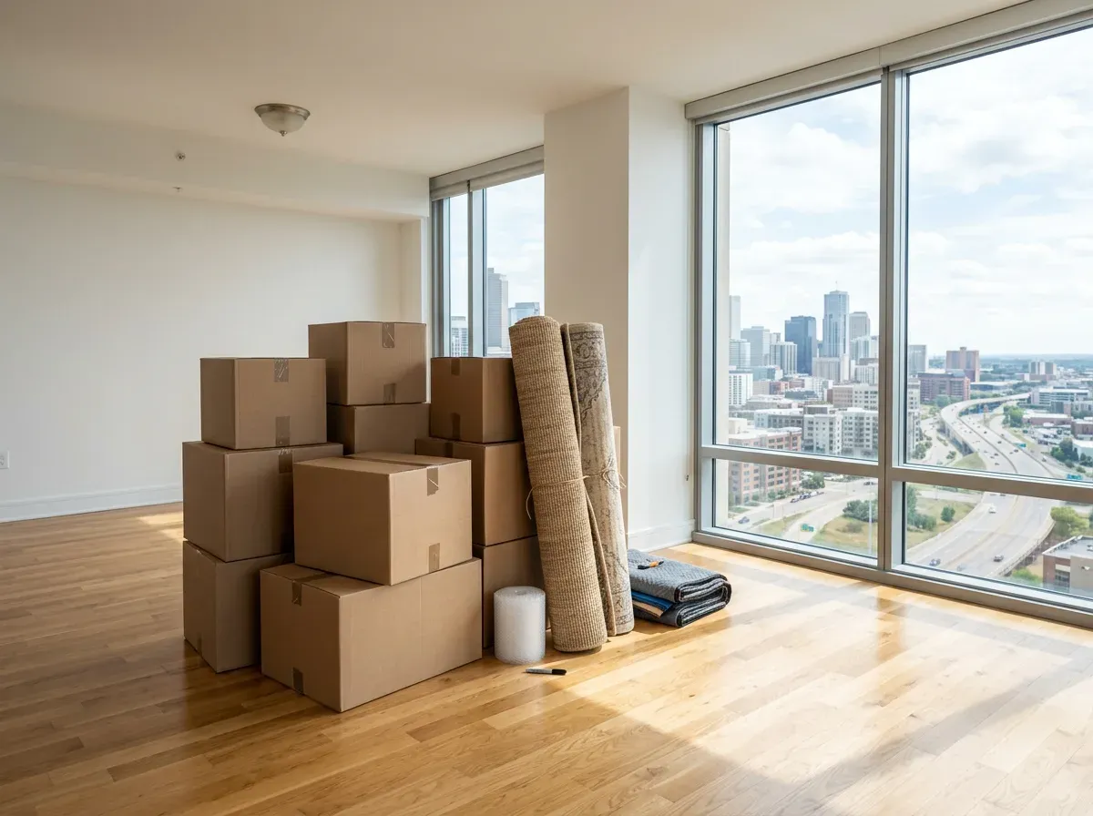 Stacked moving boxes and rolled rugs in an empty high-rise apartment.